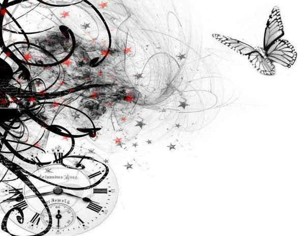 Elegant Black Butterfly Wallpaper with Abstract Design & Clock Motifs