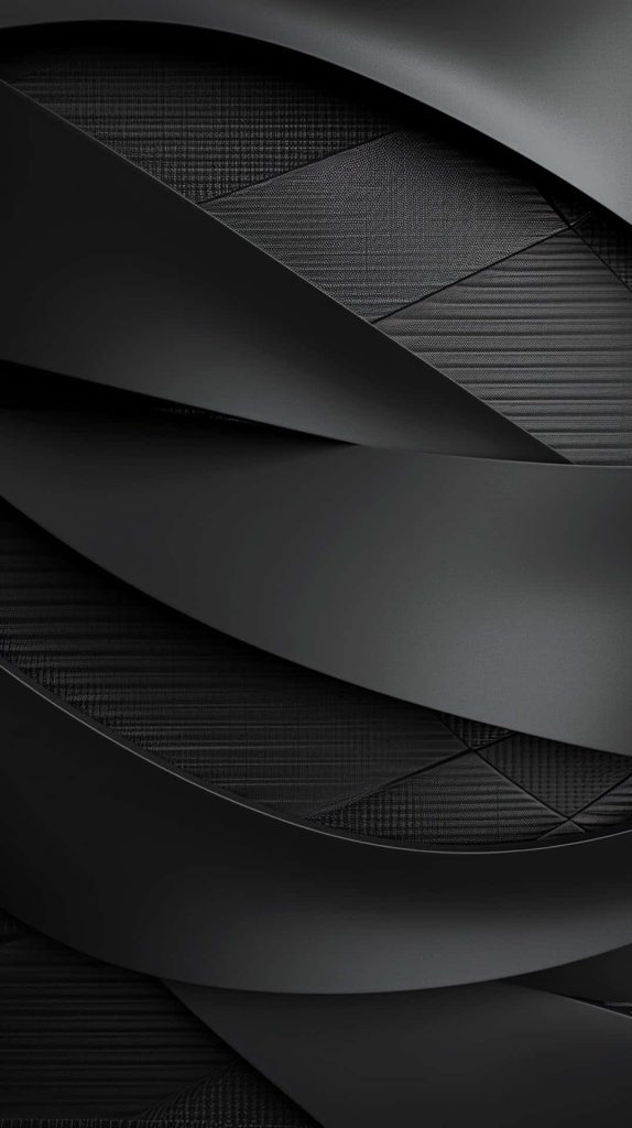 Abstract black ribbon wallpaper with smooth flowing layers on dark textured background for phone