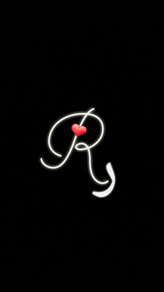 Elegant Black Background with Cursive White Letter R & Red Heart Wallpaper