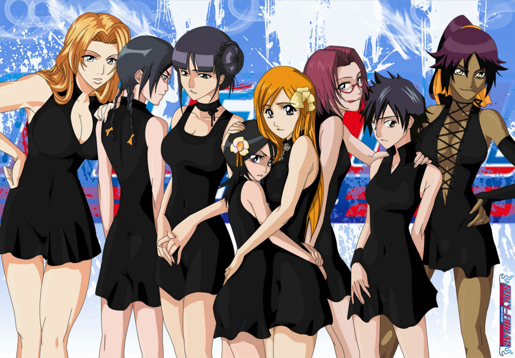 Elegant Bleach Female Characters Wallpaper: Colorful Abstract Background