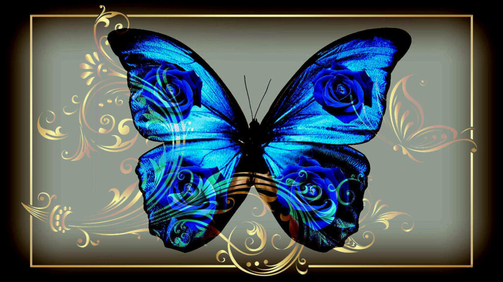 Elegant Blue Butterfly Wallpaper with Gold Floral Patterns