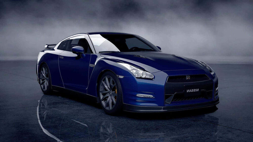 Elegant Blue Nissan GT-R Wallpaper: Sleek Design & Reflective Backdrop