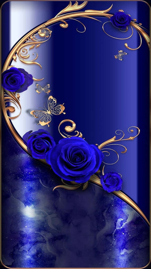 Elegant Blue Roses & Gold Patterns: Luxurious Android Wallpaper