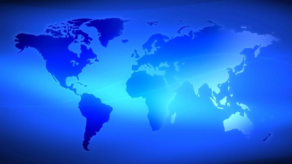 Stylish blue world map wallpaper with glowing gradient from deep blue to bright cyan background