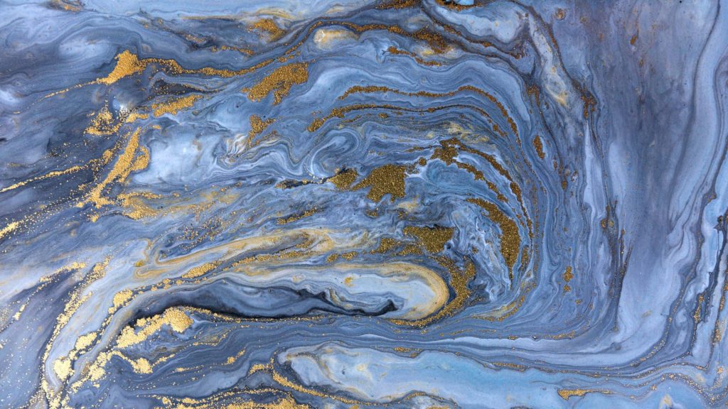 Elegant blue and gold marble wallpaper with abstract fluid patterns and metallic gold veining background