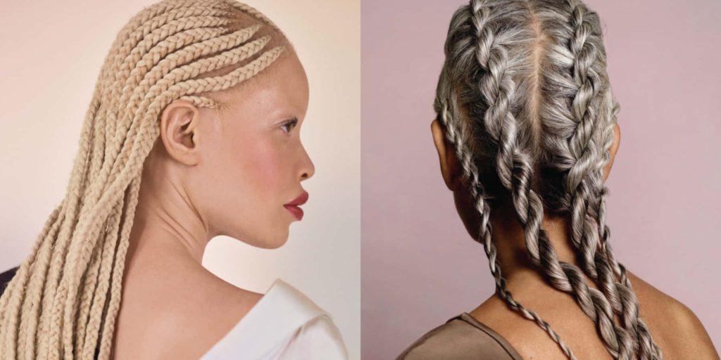 Split-screen wallpaper of blonde cornrow profile and silver gray rope twist hairstyle background