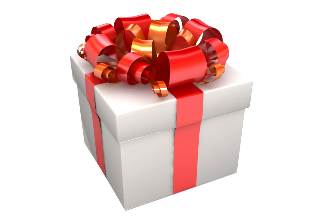 Elegant bridal gift box with glossy red and gold ribbon on wallpaper background for celebration