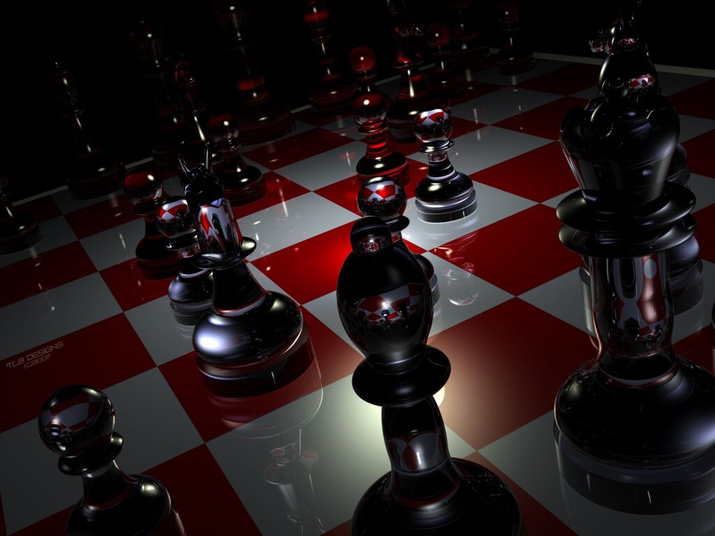 Elegant Glass Chess Pieces on Glossy Red and White Board Wallpaper