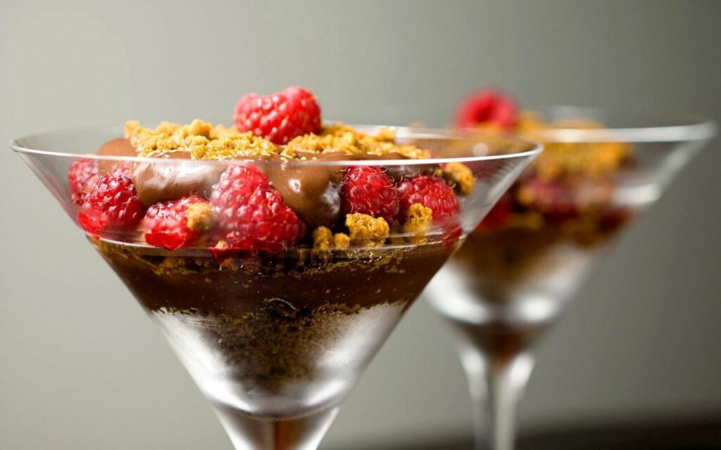 Elegant Chocolate Dessert with Raspberries in Martini Glass Wallpaper
