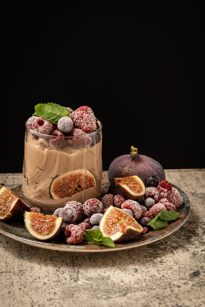 Elegant Chocolate Mousse Dessert with Raspberries & Figs - Wallpaper