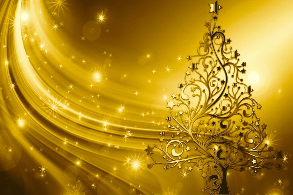 Elegant Christmas Tree Wallpaper with Golden Background & Stars