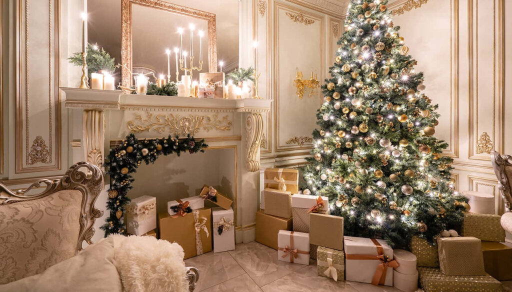 Elegant Holiday Zoom Background: White & Gold Christmas Room Wallpaper
