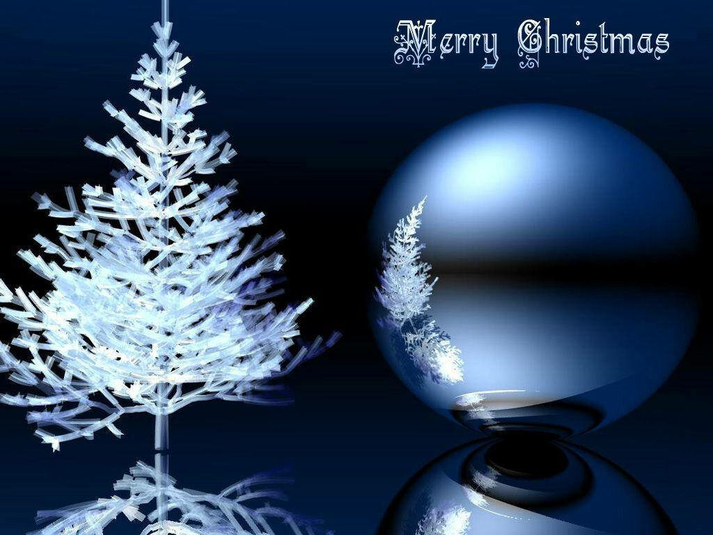 Elegant Christmas Wallpaper: White Tree & Blue Ornament Reflection