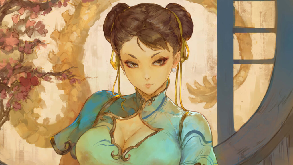 Chun-Li elegant artwork wallpaper with pastel brushstrokes and traditional Asian floral background