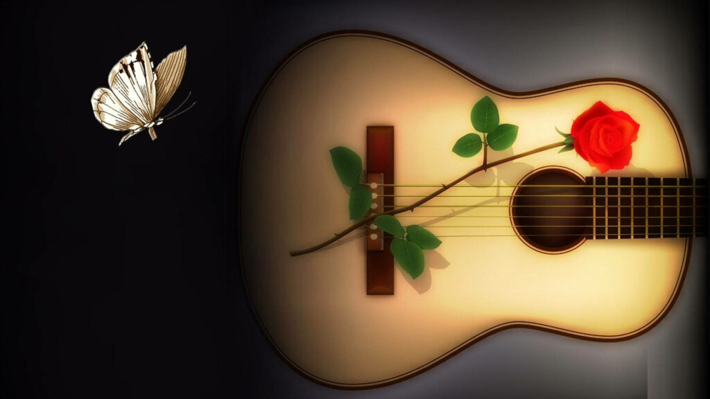 Elegant Classical Guitar Wallpaper with Rose and Butterfly