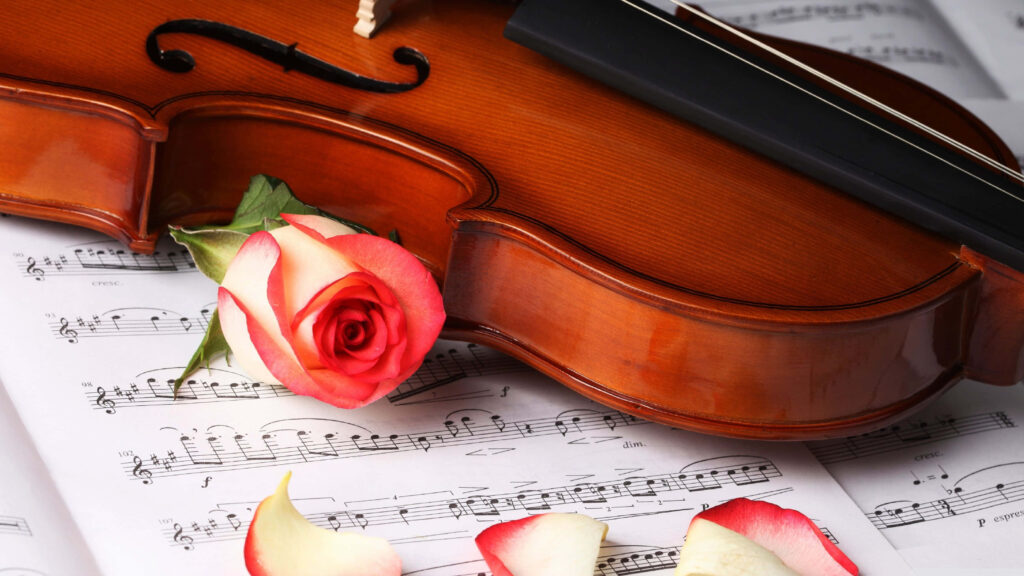 Elegant Classical Music Wallpaper: Violin, Sheet Music & Rose