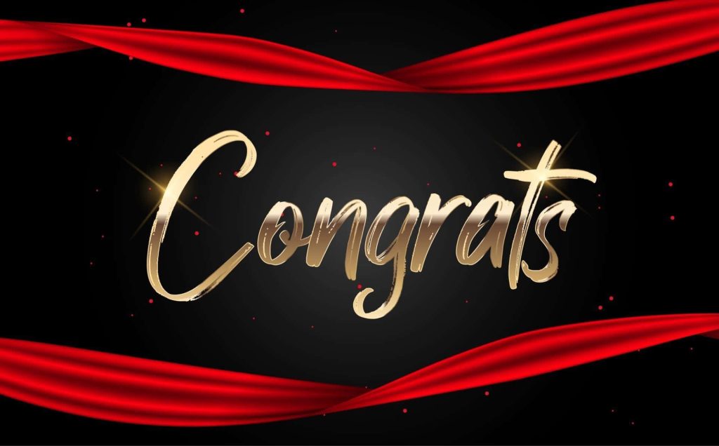 Elegant Congrats gold cursive text on black background with red ribbons and festive particles wallpaper