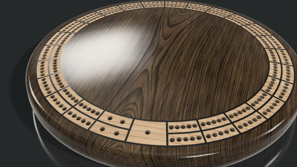 Elegant cribbage set wallpaper featuring polished wooden circular board with scoring holes