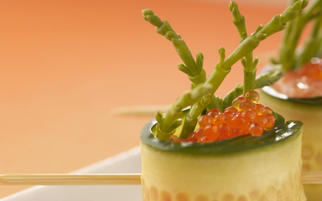 Elegant Cucumber Snack Wallpaper: Red Caviar & Fresh Greens