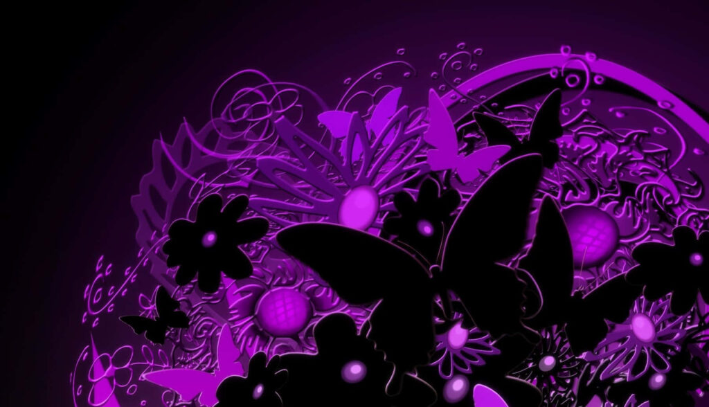 Enigmatic Dark Butterfly Wallpaper with Purple Floral Patterns