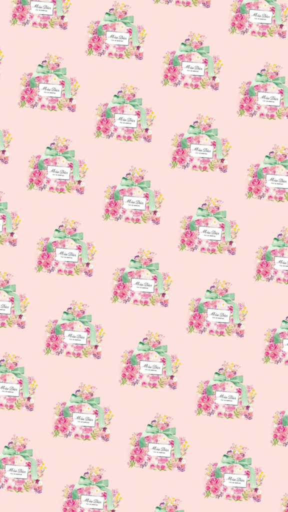 Dior floral pattern with pastel gift boxes on soft pink background elegant chic wallpaper