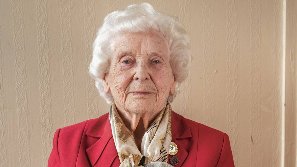 Elderly woman with white hair wearing red jacket and patterned scarf against textured wall Wallpaper