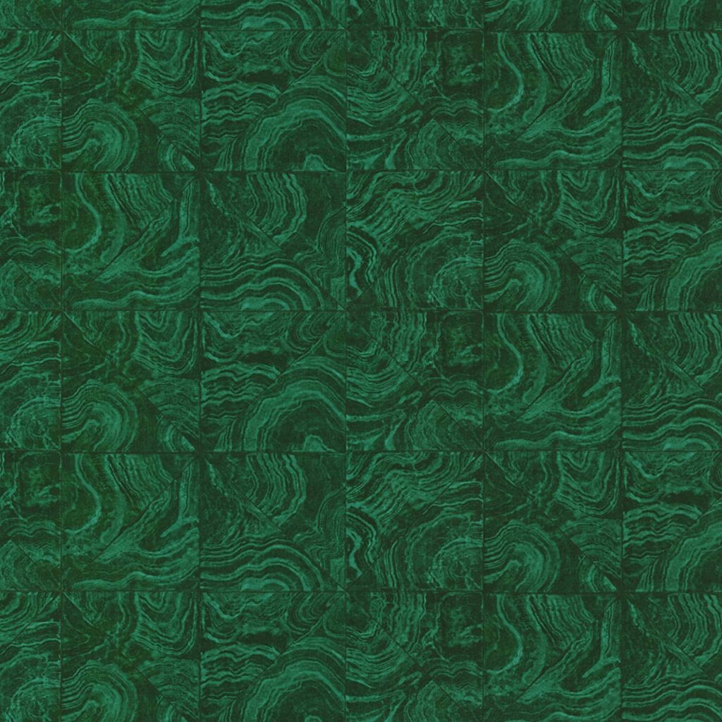 Emerald green marble tile wallpaper with intricate swirling stone veins and modern elegance