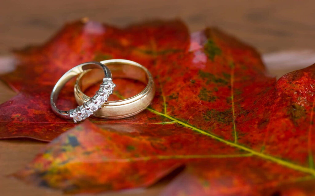 Elegant engagement rings on vibrant red orange autumn leaf symbolizing love and commitment Wallpaper
