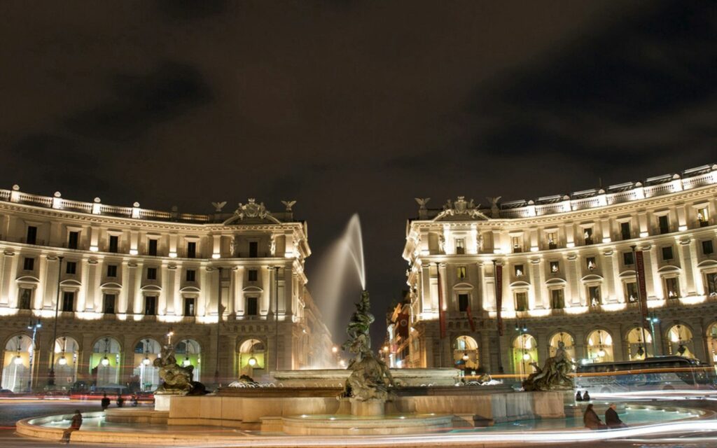 Elegant Evening Architectural Wallpaper with Fountain & Symmetrical Design