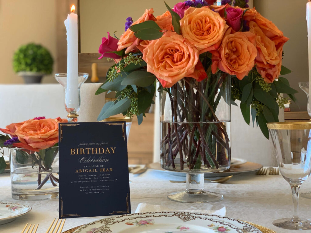 Elegant Fall Birthday Table with Roses & Festive Invitation Wallpaper