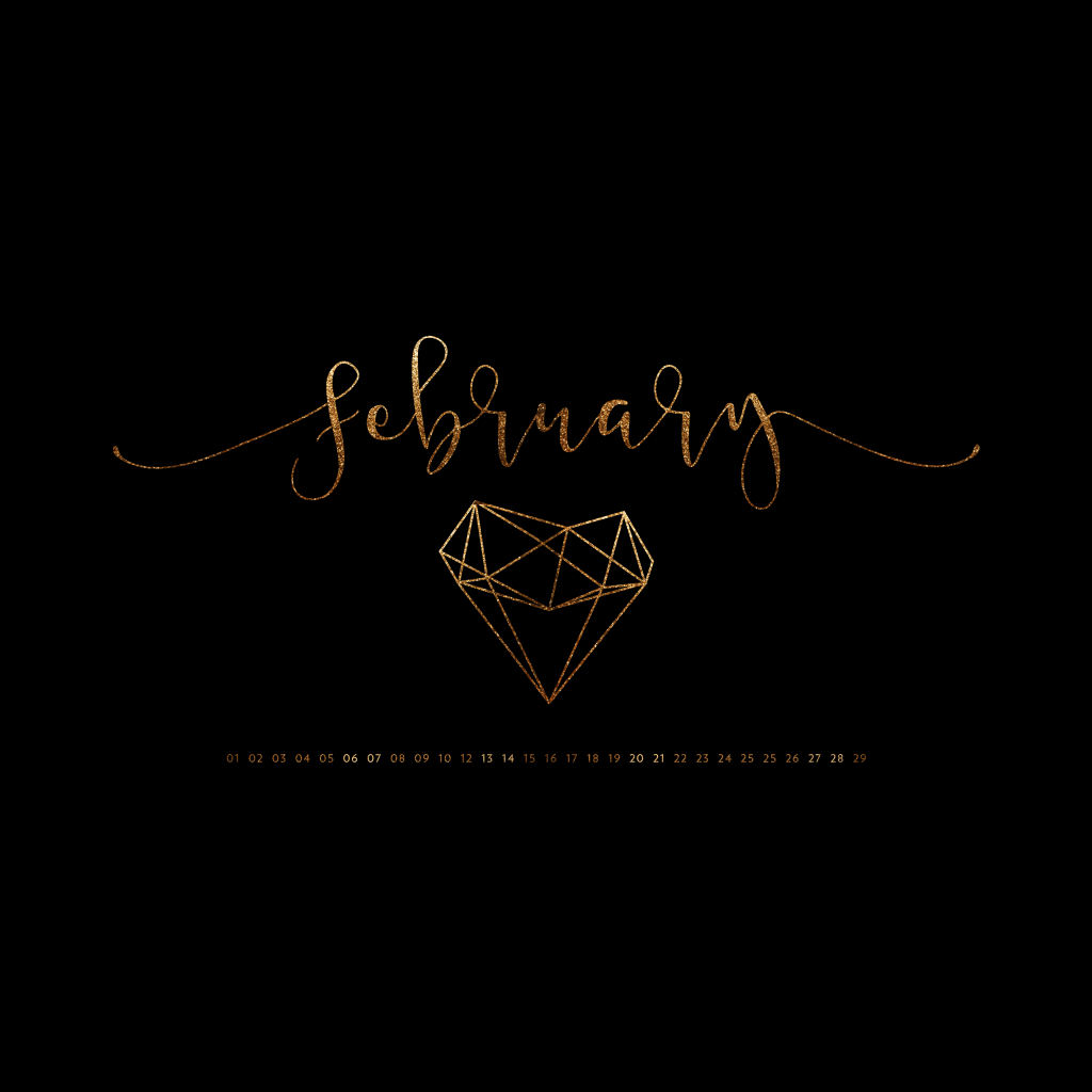 February calendar wallpaper with gold cursive text and geometric diamond on black background