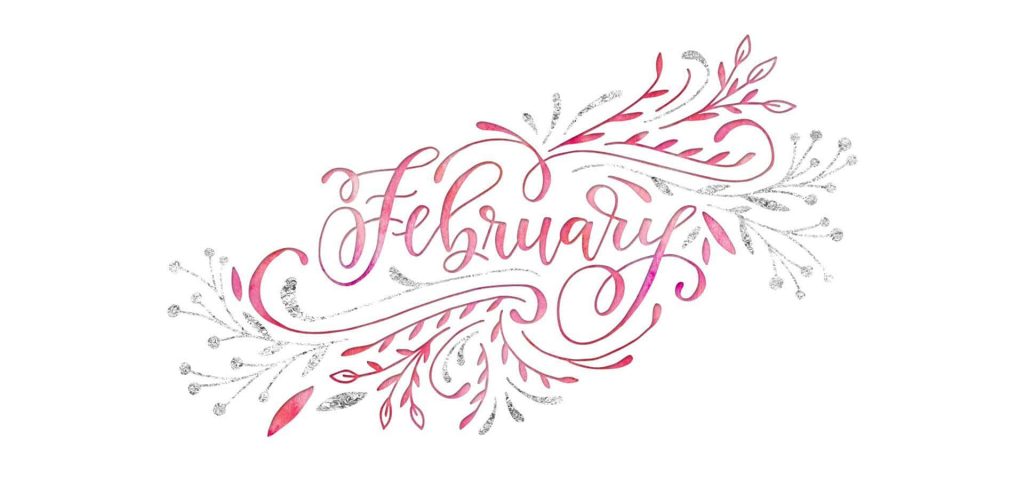 Elegant February text in pink cursive with silver glitter leaves and floral accents wallpaper background