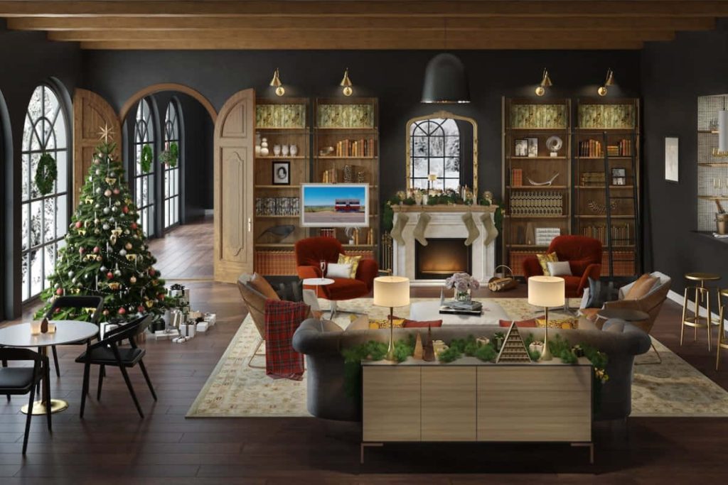 Cozy virtual office Zoom background with glowing fireplace Christmas tree and elegant decor Wallpaper