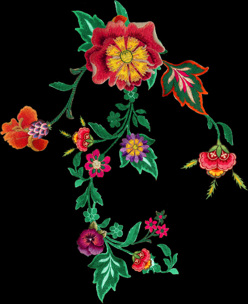 Vibrant Floral Embroidery Wallpaper on Black Background