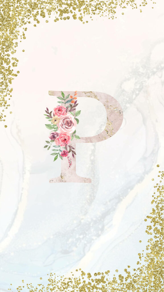 Elegant Floral Letter P Wallpaper with Shimmering Gold Glitter Frame