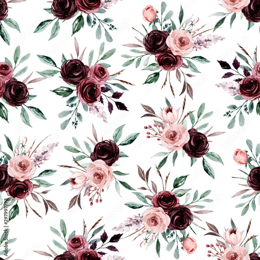 Elegant Floral Wallpaper: Burgundy & Blush Roses on White Background