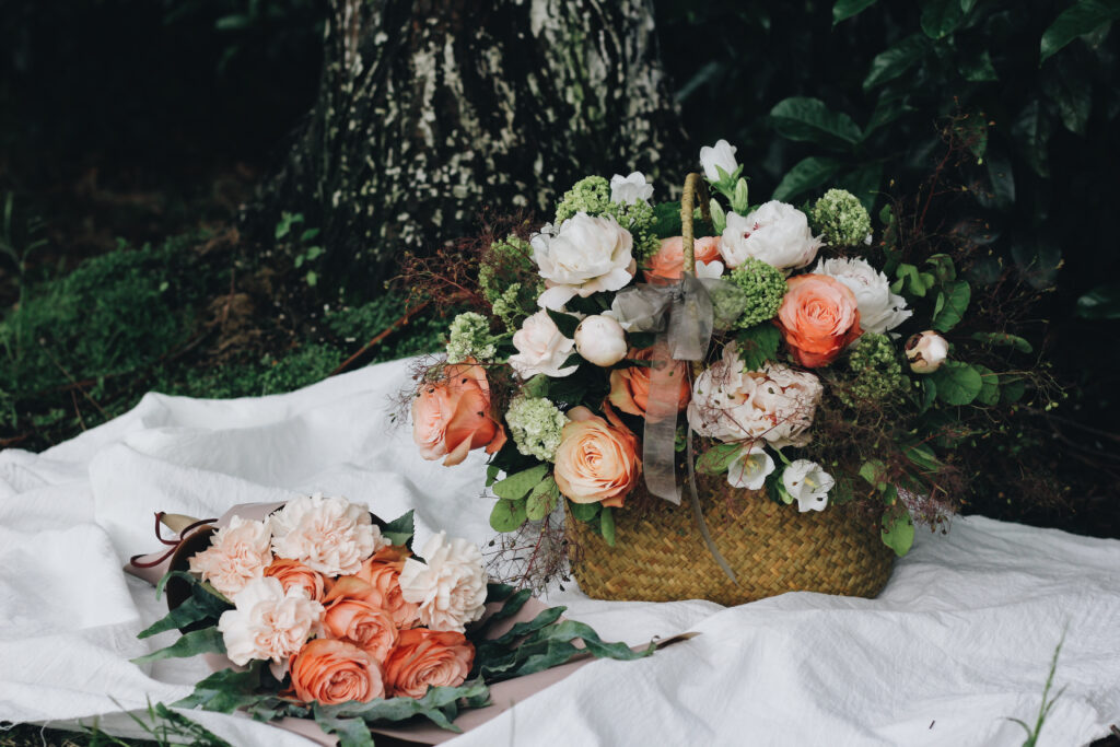 Elegant Flower Basket Wallpaper: Serene Outdoor Desktop Background