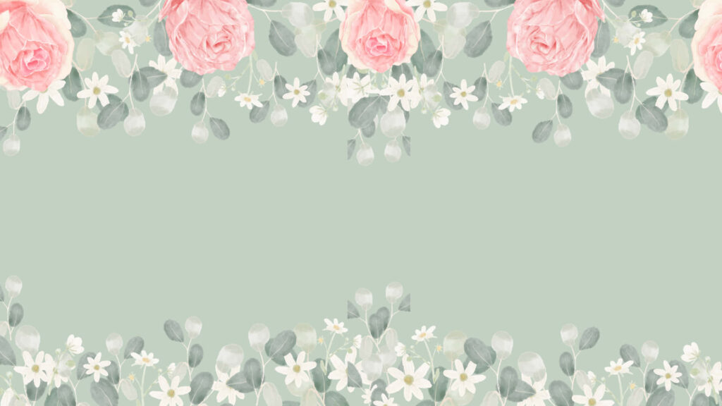 Elegant Floral Wallpaper: Soft Green with Pink Roses & White Flowers