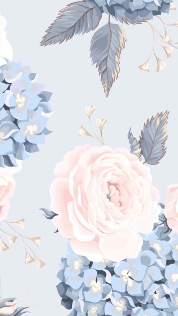 Pastel Floral Wallpaper with Roses & Hydrangeas on Light Blue Background