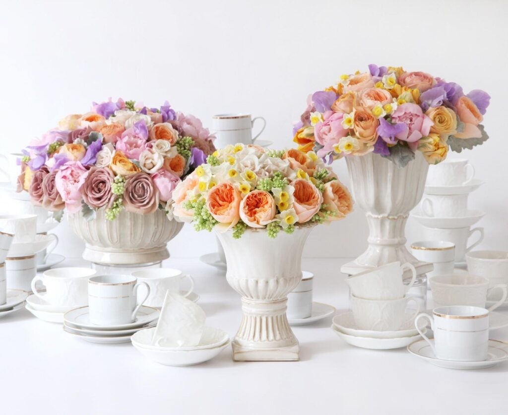 Elegant Wallpaper with Floral Bouquets & Porcelain Teacups