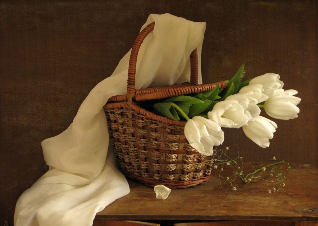 Elegant Wallpaper: Rustic Basket of White Tulips on Earthy Background