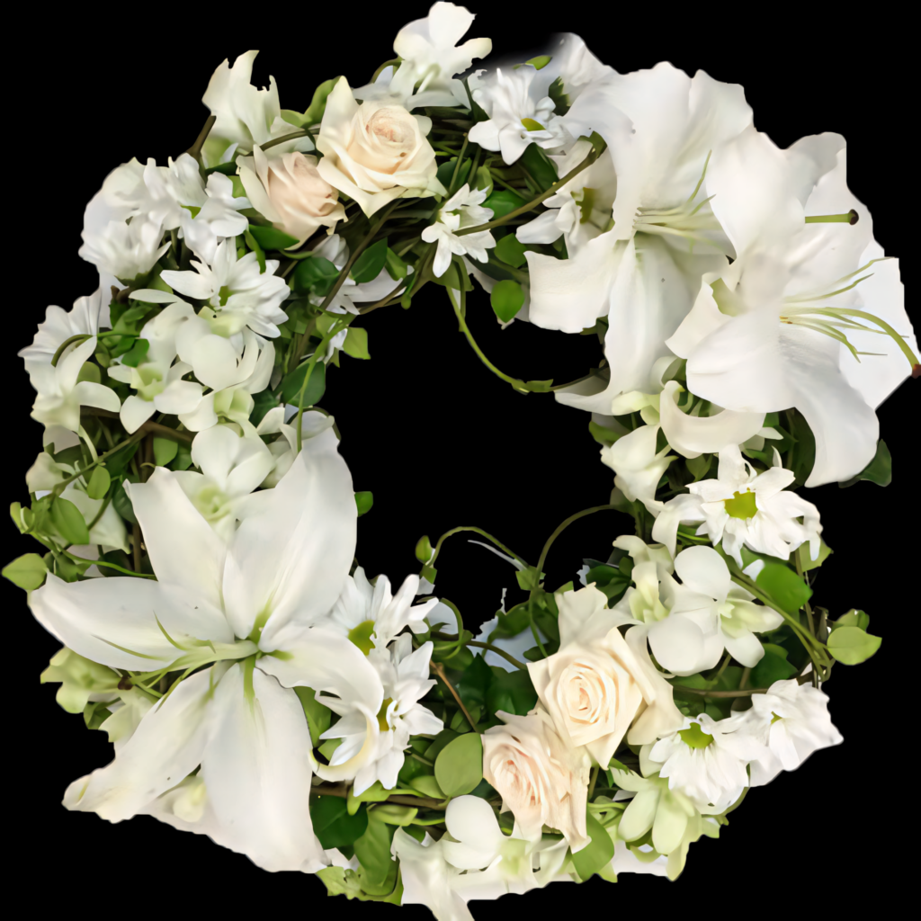 Elegant Floral Wreath Wallpaper: White Lilies & Roses Design