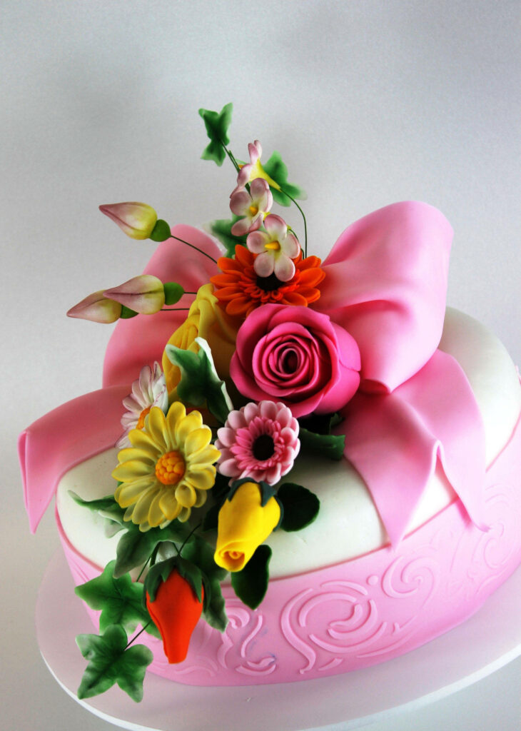 Elegant Fondant Cake with Floral Accents for Birthday Celebrations Wallpaper