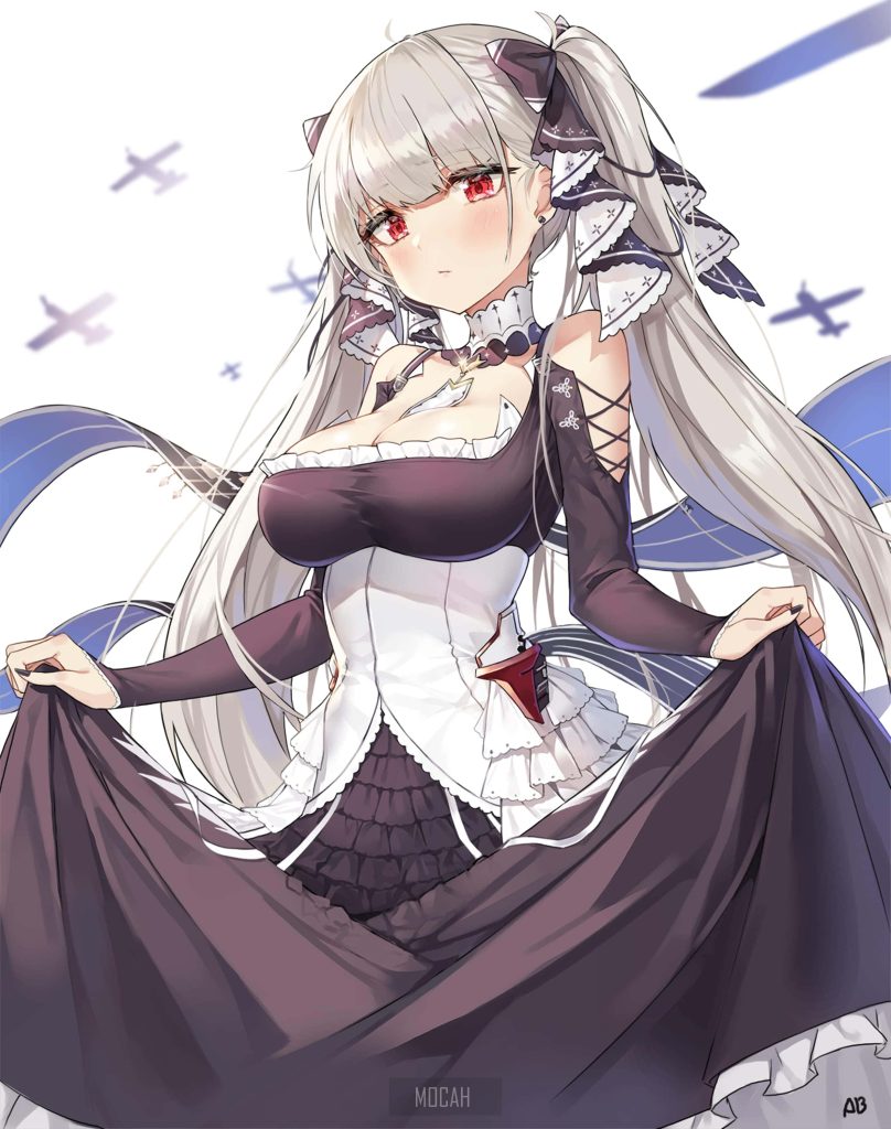 Formidable Azur Lane anime character with silver hair red eyes gothic dress aircraft background wallpaper