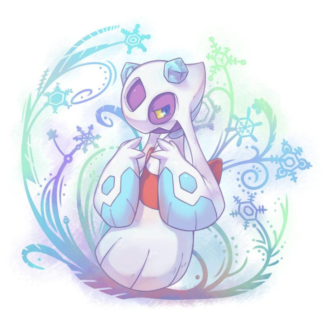 Elegant Froslass wallpaper with pastel winter patterns and swirling snowflakes for Pokémon fans