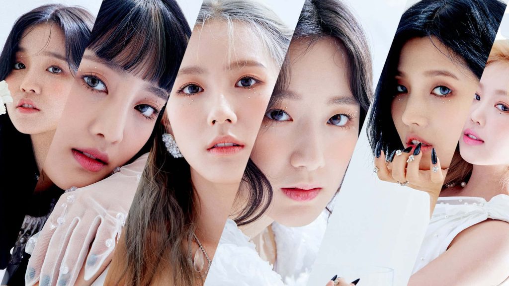 (G)I-DLE K-pop girl group collage wallpaper elegant diagonal layout soft colors minimalist