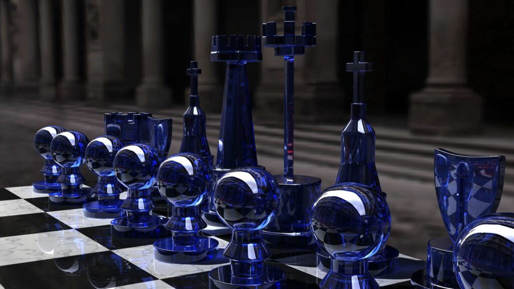 Elegant Glass Chess Set Wallpaper: Modern Architecture Background