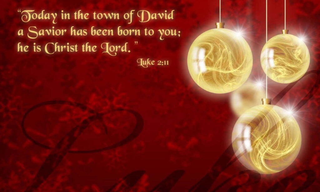Elegant Gold Christmas Balls on Deep Red Wallpaper with Scripture