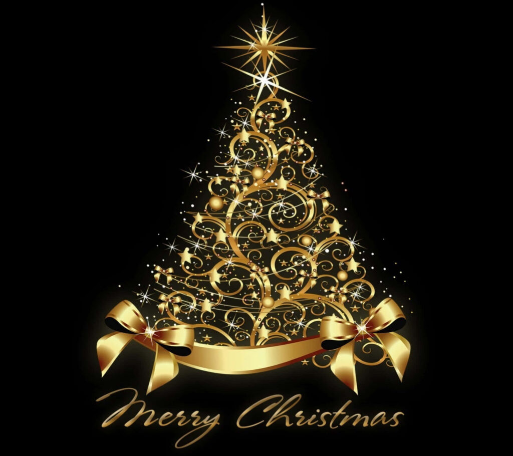 Elegant Gold Christmas Tree Wallpaper with Sparkles on Black Background