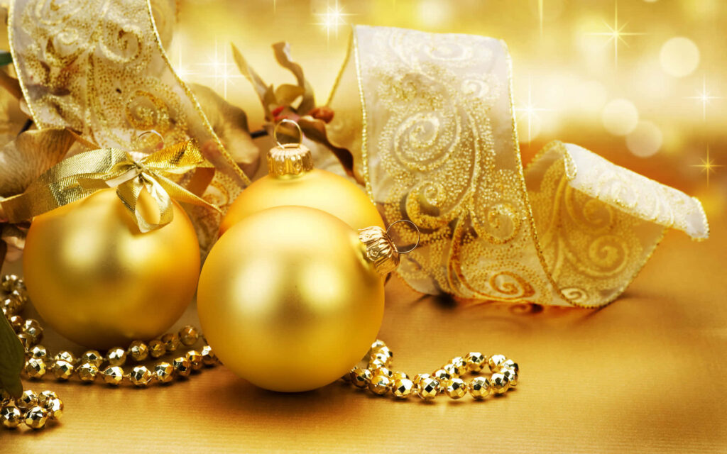 Elegant Gold Christmas Balls & Ribbons - Festive Holiday Wallpaper